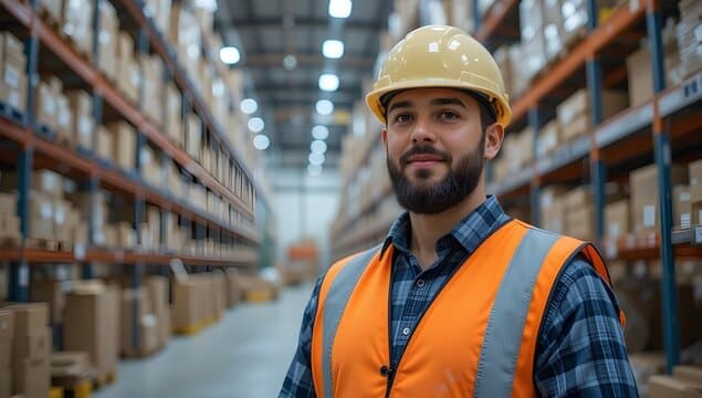 Warehouse worker in a hard hat and safety vest