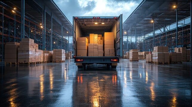 Open delivery truck loaded with boxes in a warehouse